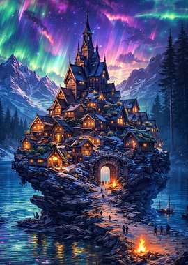 Fantasy Village Under Aurora Borealis