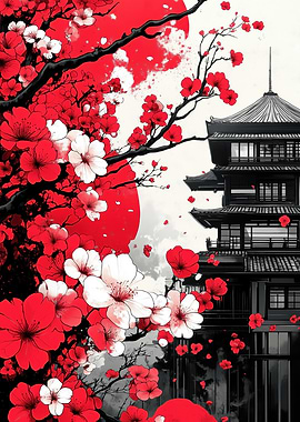Japanese Pagoda with Cherry Blossoms