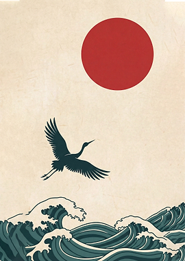 Golden Crane & Red Sun - Japanese Nature Art