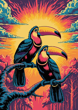 Two Toucans on a Branch at Sunset