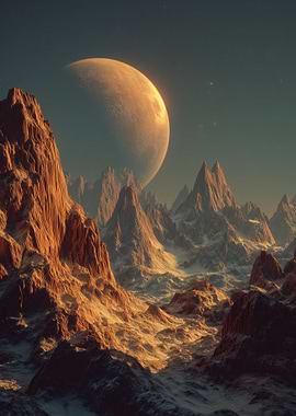 Alien Planet Landscape with Large Moon