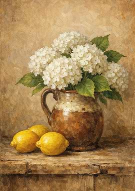 Vintage Hydrangea and Lemons Still Life Poster