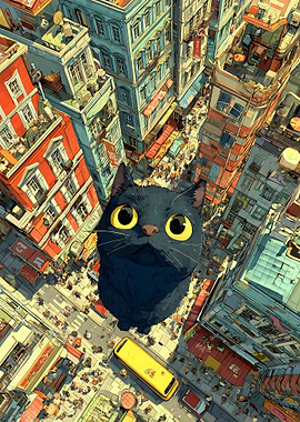 Giant Black Cat Overlooking City