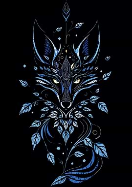 Mystical Blue Fox with Floral Accents