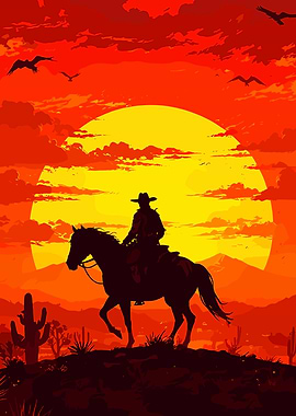 Cowboy Riding Horse at Sunset