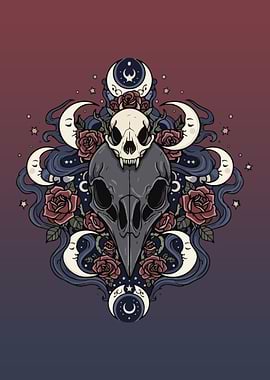 Gothic Crow and Cat Skulls with Moons and Roses