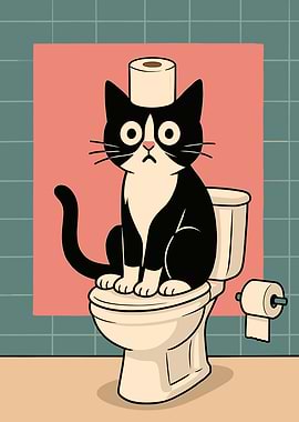 Cat on Toilet with Toilet Paper Hat