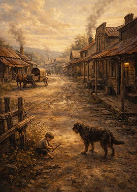 Boy and dog in a Western town