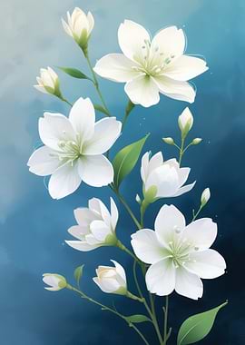 White Flowers on Blue Background