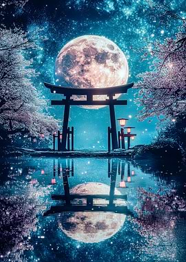Magical Moonlit Torii Gate Reflection