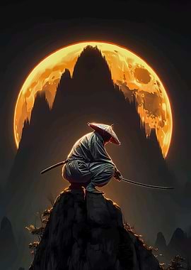 Samurai Warrior Under a Giant Moon