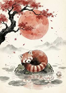 Red Panda Sleeping Under Maple Tree and Moon