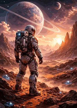 Astronaut on alien planet with rings