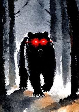 Bear with glowing red eyes in forest