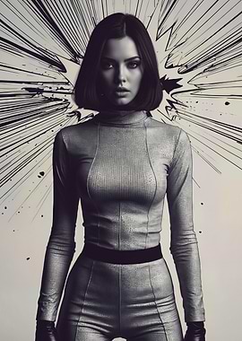 Monochrome Femme Fatale Portrait with Comic Ink Burst — Futuristic Fashion Illustration