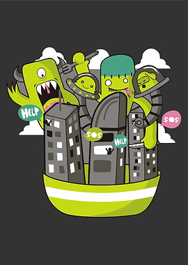 Monsters attacking a city in a bowl
