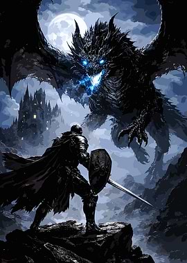 Knight vs Dragon in Moonlight