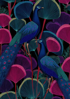 Two Peacocks in a Vibrant Floral Garden