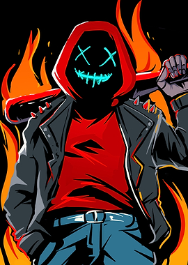 Hooded Figure with Bat and Flames