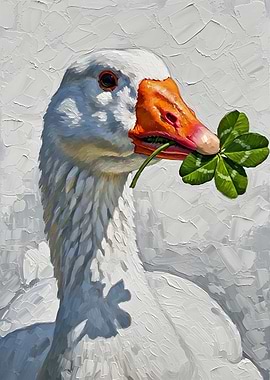 Goose Holding a Four-Leaf Clover