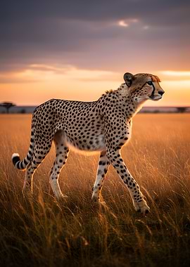 Cheetah walking at sunset