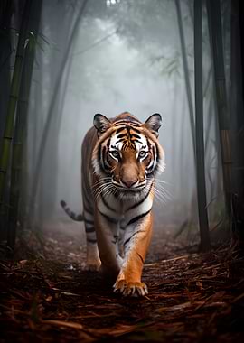 Tiger walking in a foggy bamboo forest