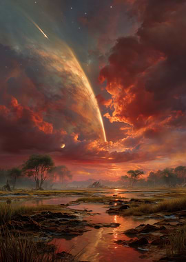 Alien Planet Sunset with Meteor Shower