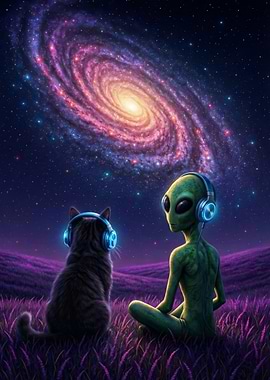 Alien and Cat Listening to Music in Space