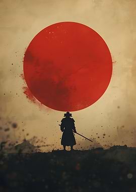 Samurai Silhouette Under Red Sun