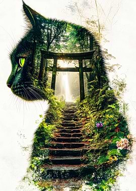 Cat Silhouette with Forest and Waterfall