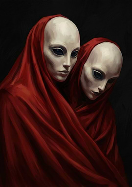 Two figures in red cloaks with masks