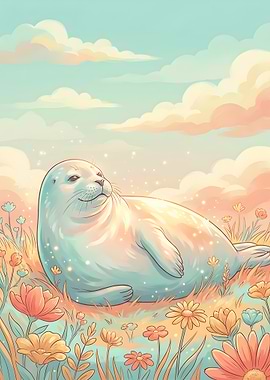 Cute Seal in a Field of Flowers