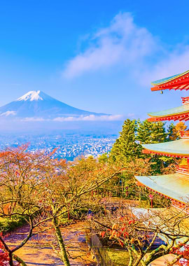 Mount Fuji and Pagoda in Autumn