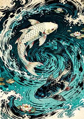 Two Koi Fish in Swirling Water