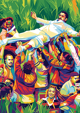 Man being crowd-surfed in vibrant colors