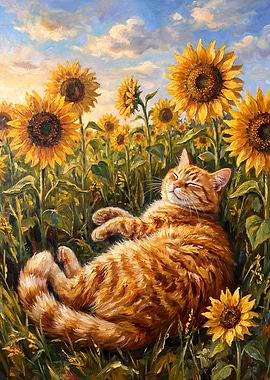 Ginger Cat Sleeping in Sunflower Field