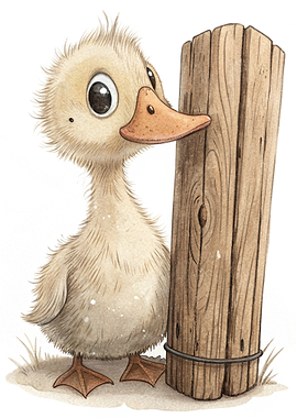 Cute Duckling by Wooden Post