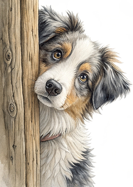 Peeking Puppy Behind Wooden Post