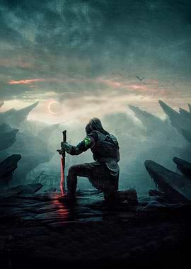 Warrior Kneeling with Glowing Sword
