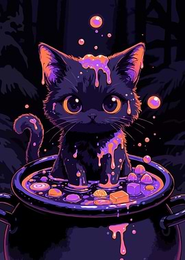 Cute Black Cat in a Cauldron