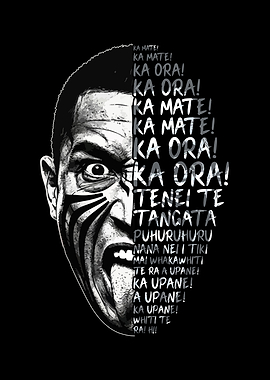 Maori Warrior Face with Haka Text