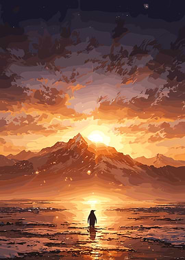 Penguin in a Sunset Landscape
