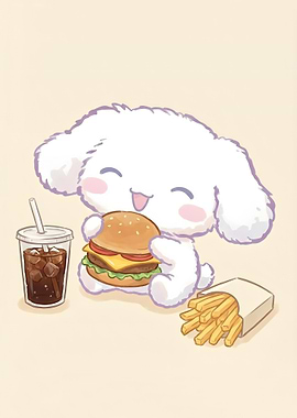 Cinnamoroll eating a burger and fries