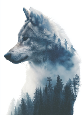 Double Exposure Wolf and Forest