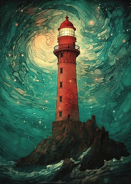 Lighthouse in a swirling sky