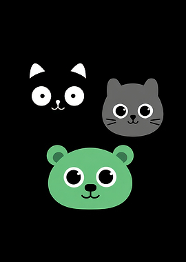 Cute Animal Faces on Black Background
