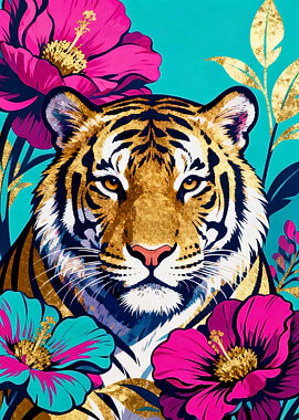 Tiger surrounded by tropical flowers