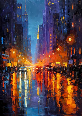 Rainy City Street at Night
