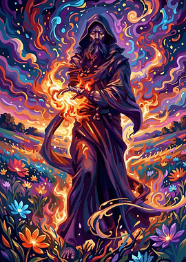 Wizard conjuring fire in a field