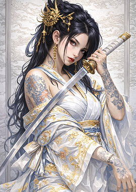 Samurai Woman with Katana and Tattoos